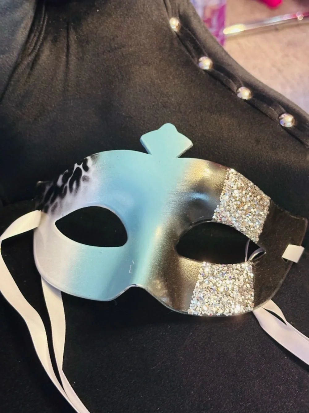 Set of 2 Teal Blue Venetian Masquerade Masks with Rhinestones and ribbon closure